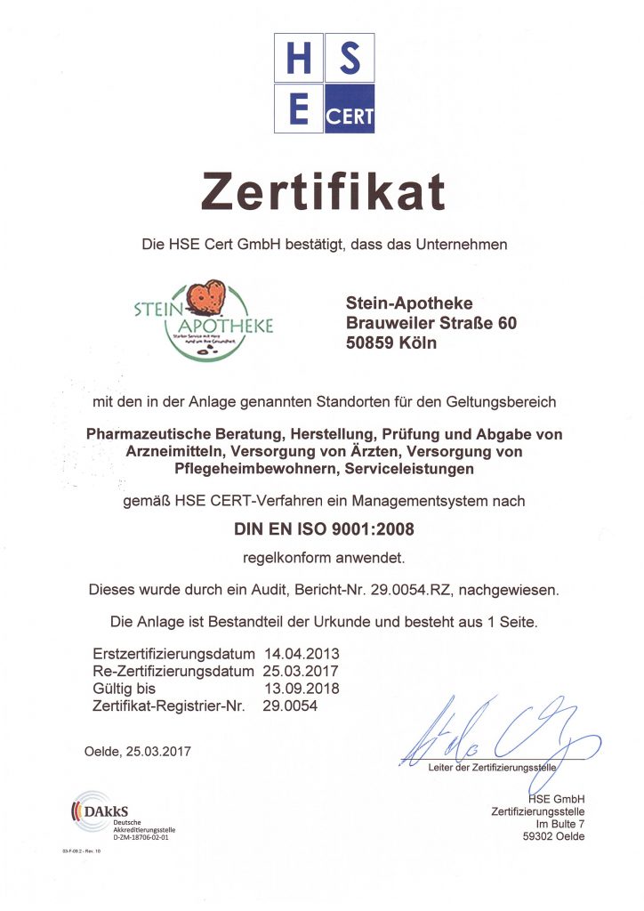 Unser Zertifikat - Stein Apotheke - Köln-Lövenich
